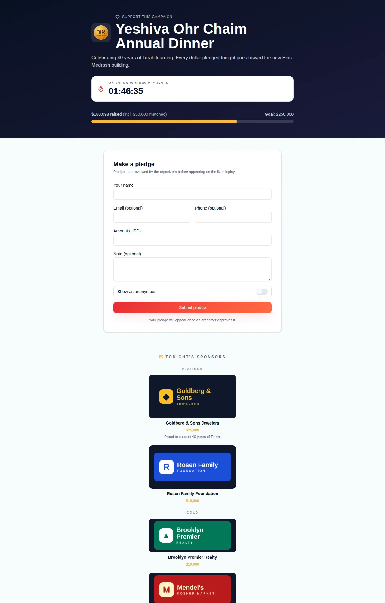 The public pledge page on desktop: event header, running total, pledge form and sponsor credits
