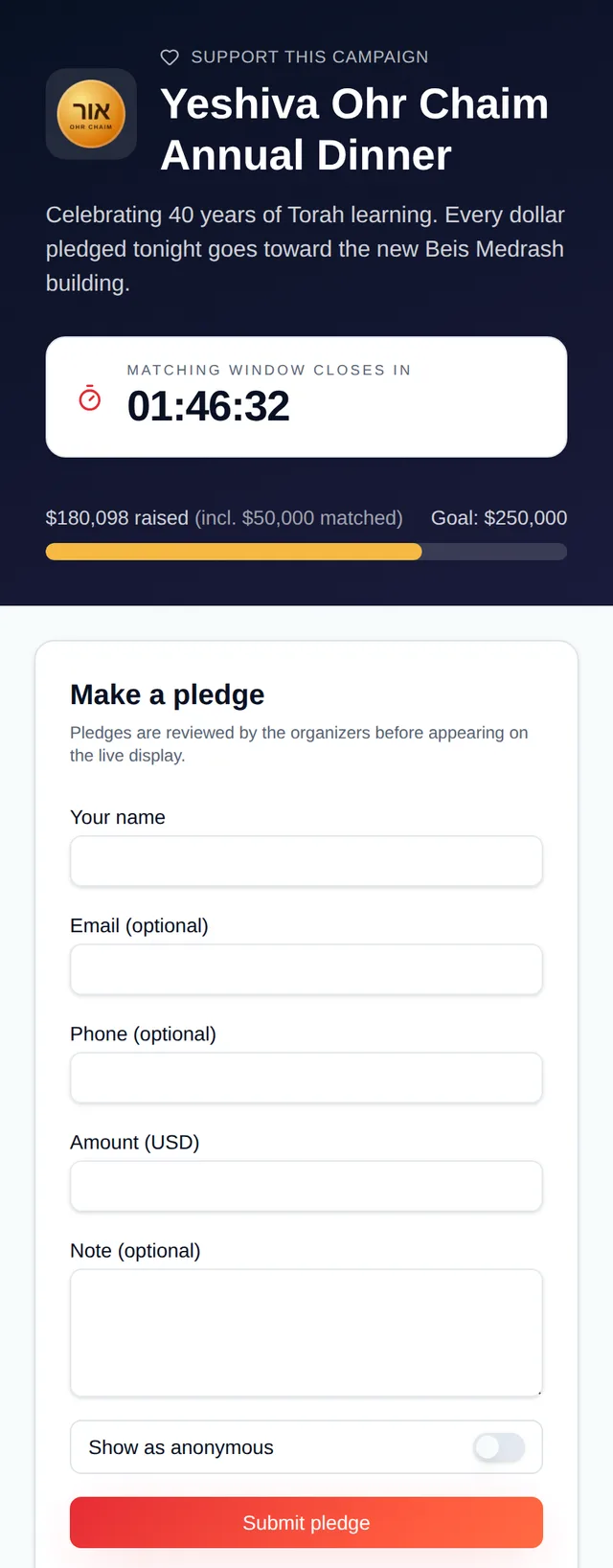 The pledge page on a phone