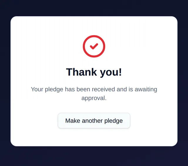 Thank-you screen after a guest submits a pledge