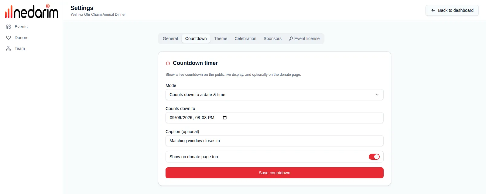 Countdown settings: mode, target time, caption and the switch to show it on the pledge page
