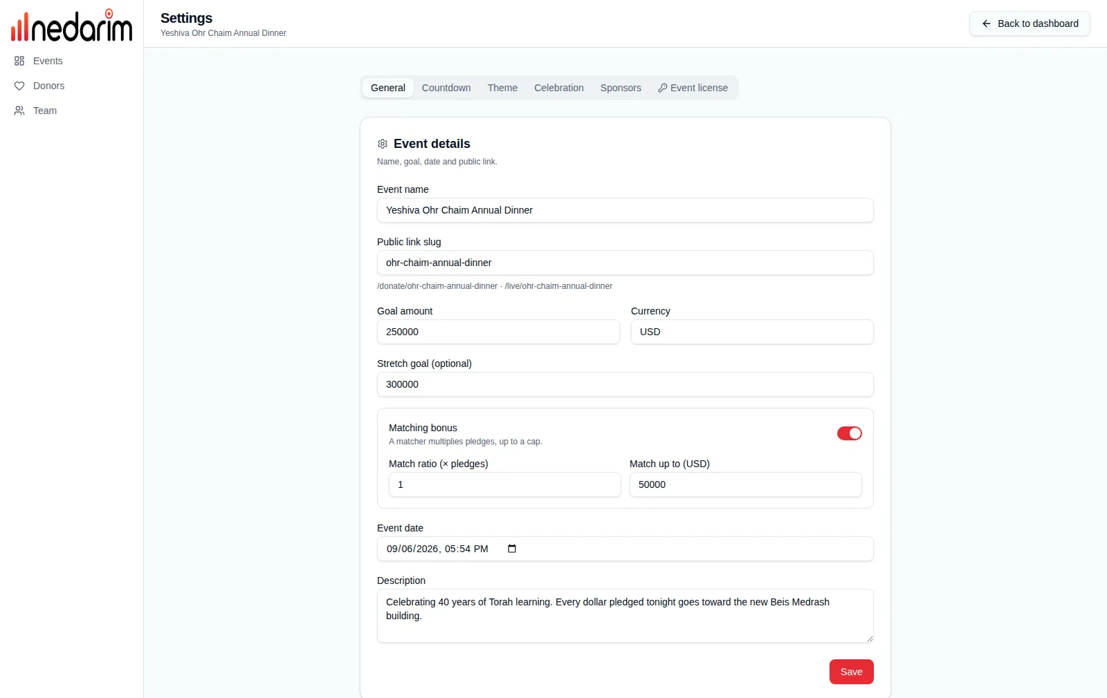 Event settings General tab with goal, stretch goal, matching bonus ratio and cap