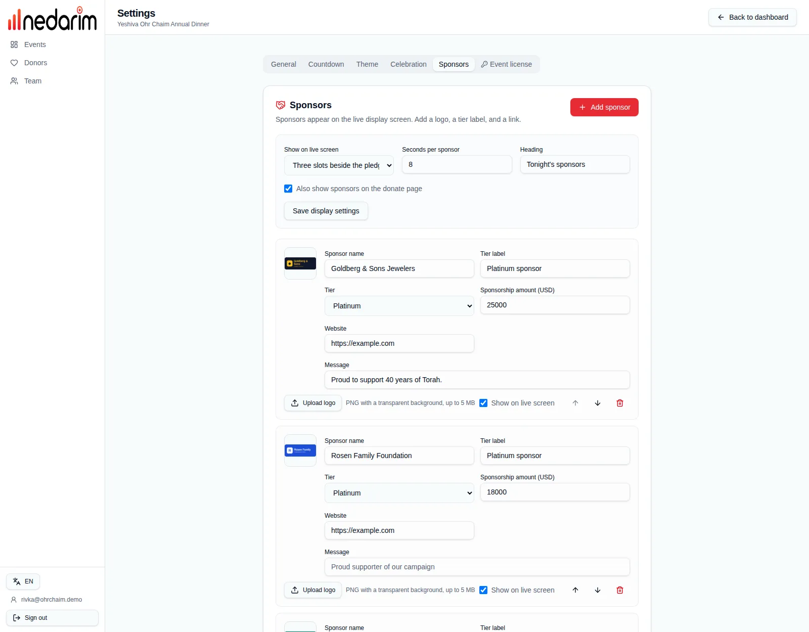 Sponsor settings: display mode, seconds per sponsor, heading, and each sponsor's logo, tier, amount, website and message