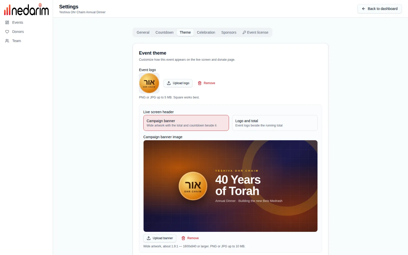 Theme settings: logo, live screen header layout with campaign banner, accent colour, background colour and gradient option